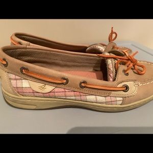 Women’s pink plaid and sequin Sperrys